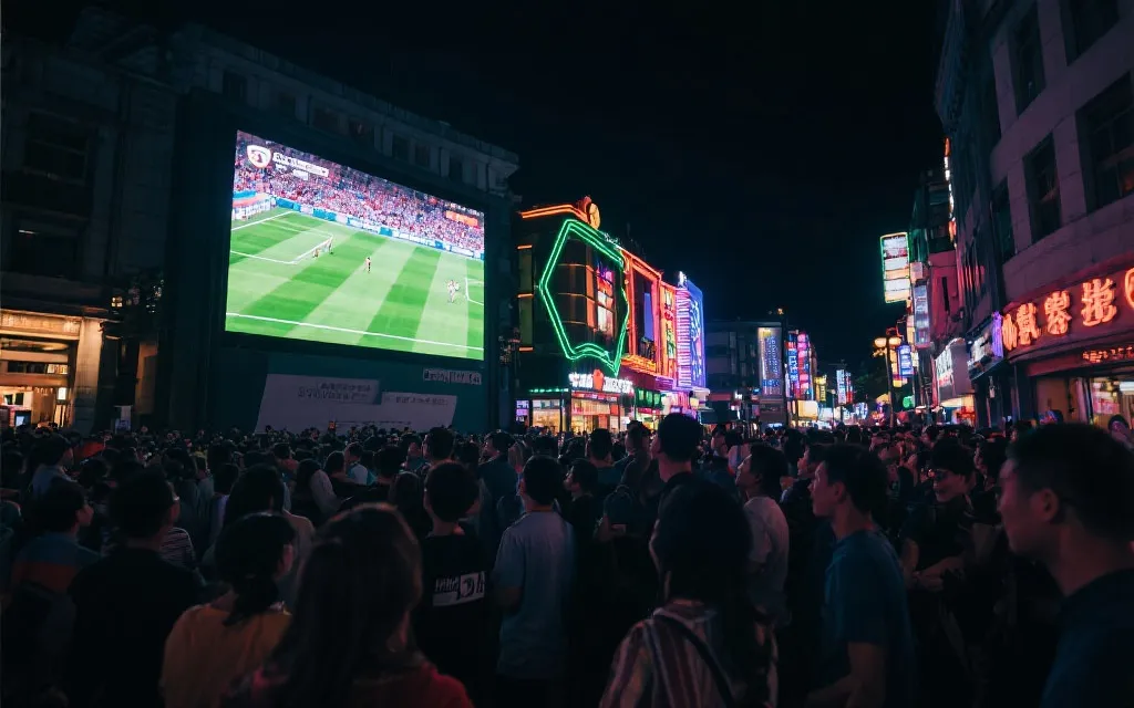 城市夜间街区的观赛酒吧与户外大屏，霓虹灯与人群氛围