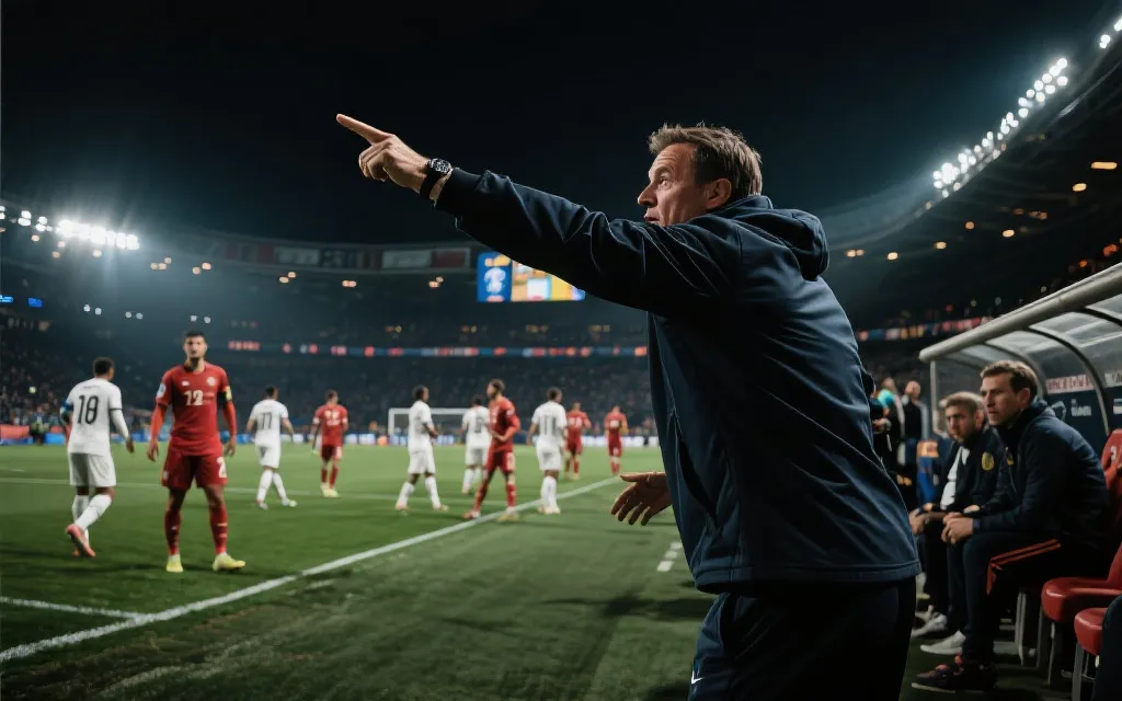 教练在场边指挥与球员跑位的动态示意